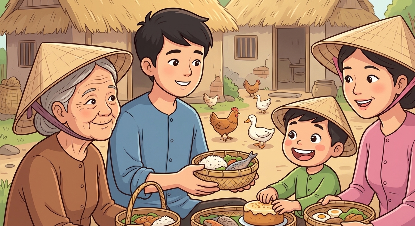 Với túi vàng vừa đủ, người em sửa lại mái nhà, mua thêm gà vịt và chia quà cho hàng xóm. C…