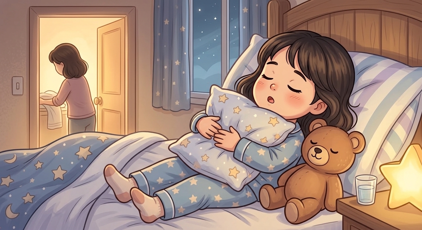 Mi thử làm theo mẹ. Bé hít vào thật sâu... rồi thở ra thật chậm. Bé ôm chiếc gối mềm vào l…