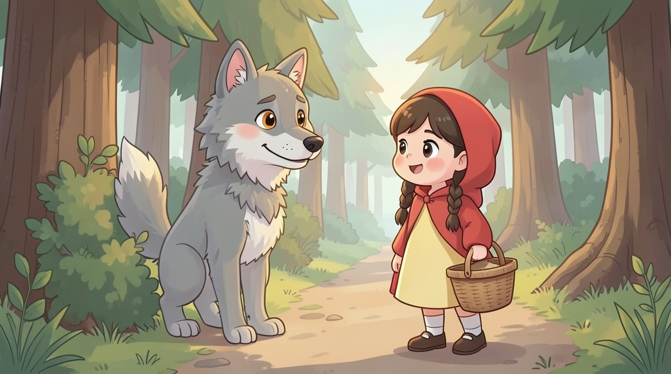 Vào tới bìa rừng, một chú Sói xám lông xù thò đầu ra sau bụi cây. "Chào cô bé, em đi đâu t…