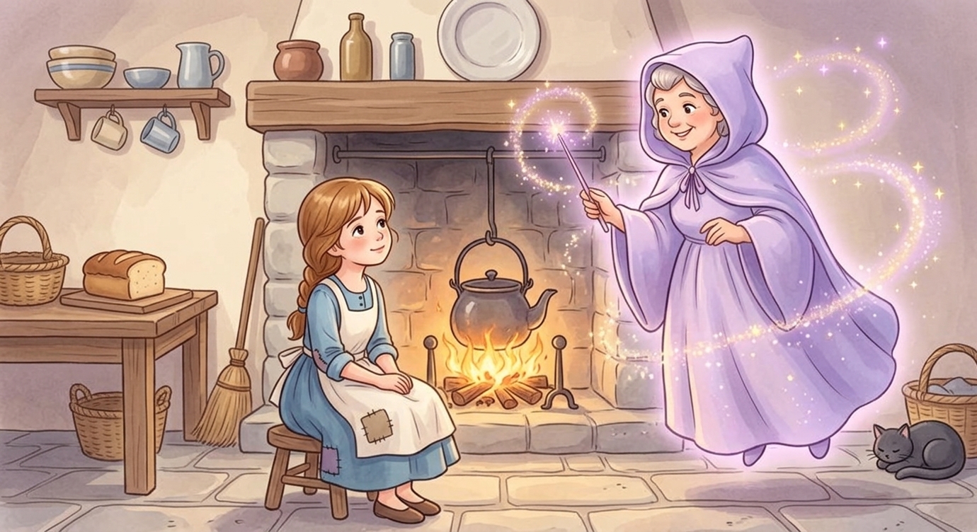 Lọ Lem ngồi bên lò sưởi, khẽ thở dài. Bỗng một luồng sáng lấp lánh hiện ra. Đó là bà tiên…