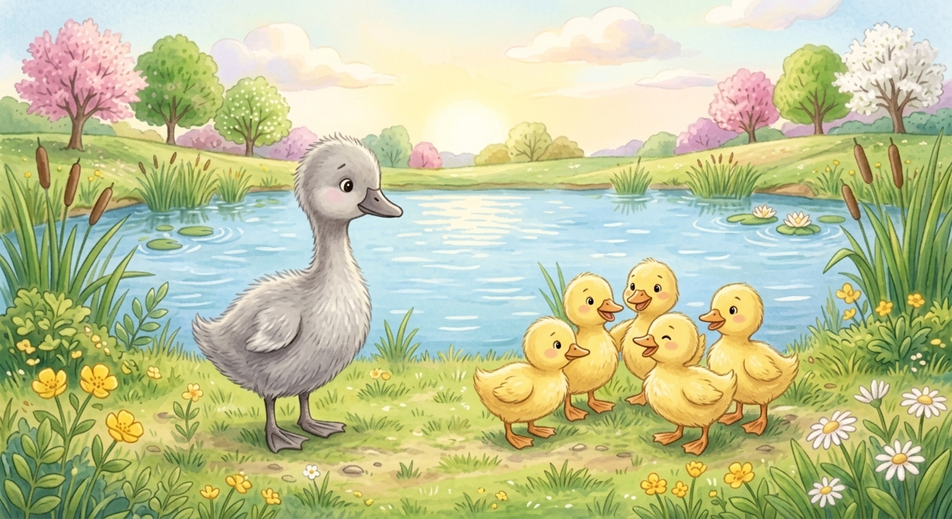 Các anh chị vàng óng chạy nhảy, còn chú vịt xám thì trông thật khác. "Sao bạn ấy chẳng giố…
