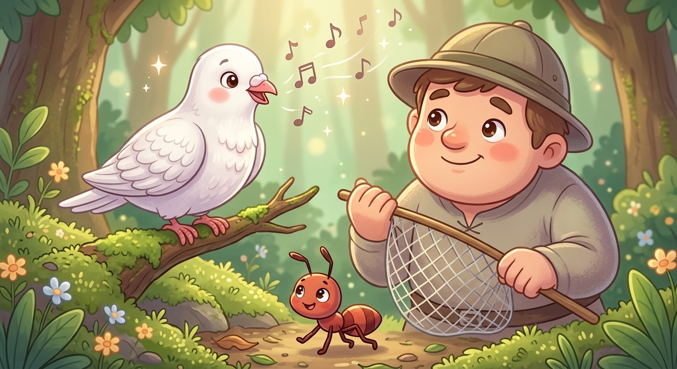 Ít hôm sau, Bồ câu đang đậu hót líu lo. Kiến bé nhìn thấy một bác thợ săn tới gần, giăng l…
